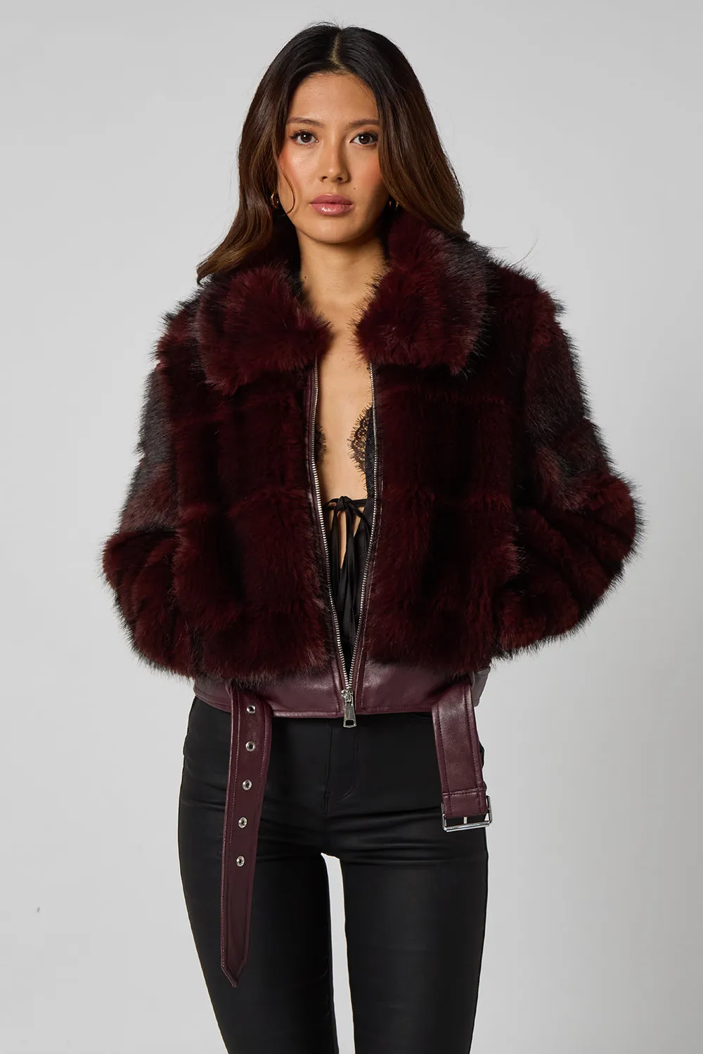 Urban Bliss Cut Faux Fur giacca bomber prugna cintura