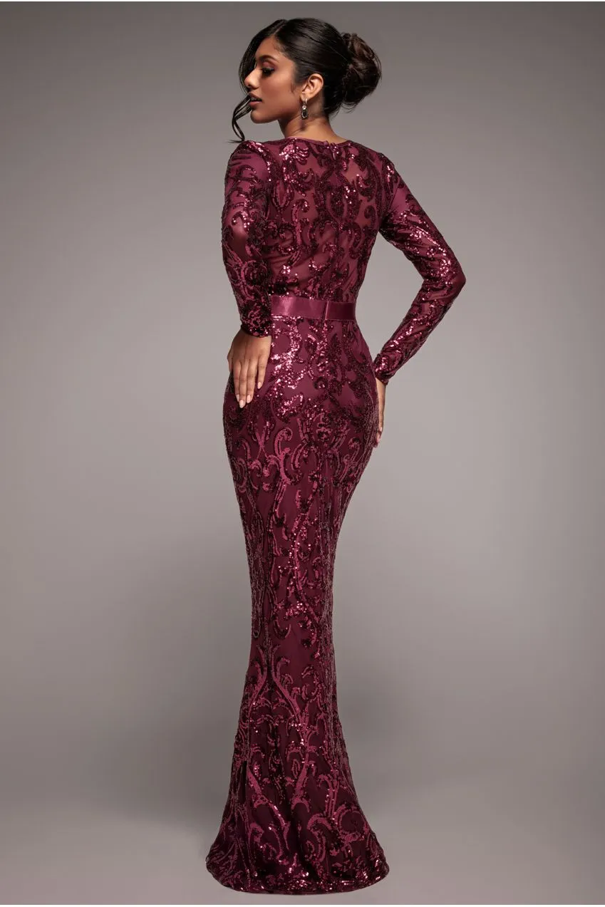 Goddiva DR3476 abito lungo bordeaux paillettes ricamate