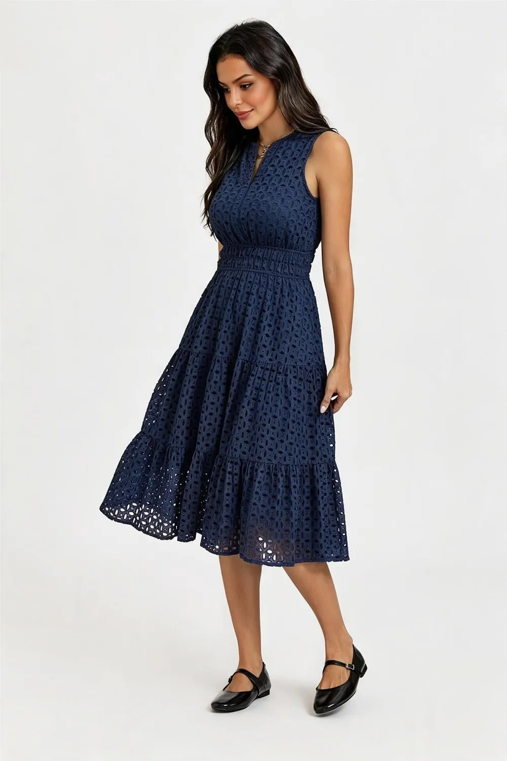 FS Collection Broderie Anglaise Abito Midi Blu Cotone