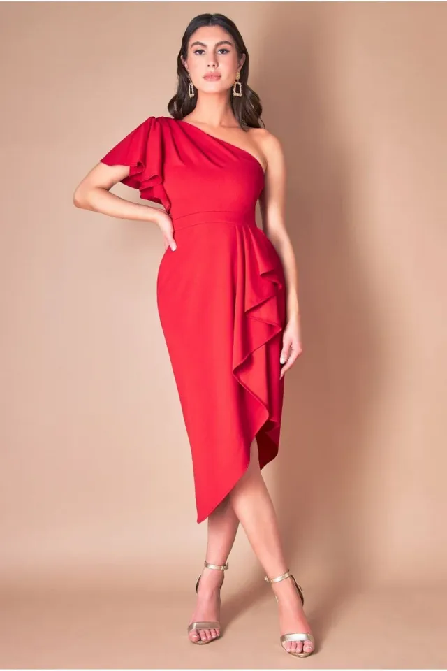 Goddiva Waterfall abito midi rosso monospalla DR3990