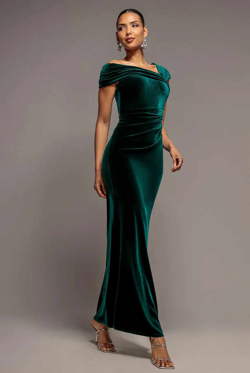 Goddiva One Shoulder abito velluto verde smeraldo lungo