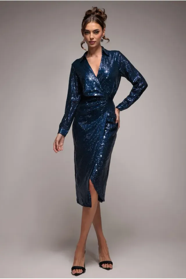 Goddiva Sequin Front Split DR4034 Abito Camicia Blu Navy