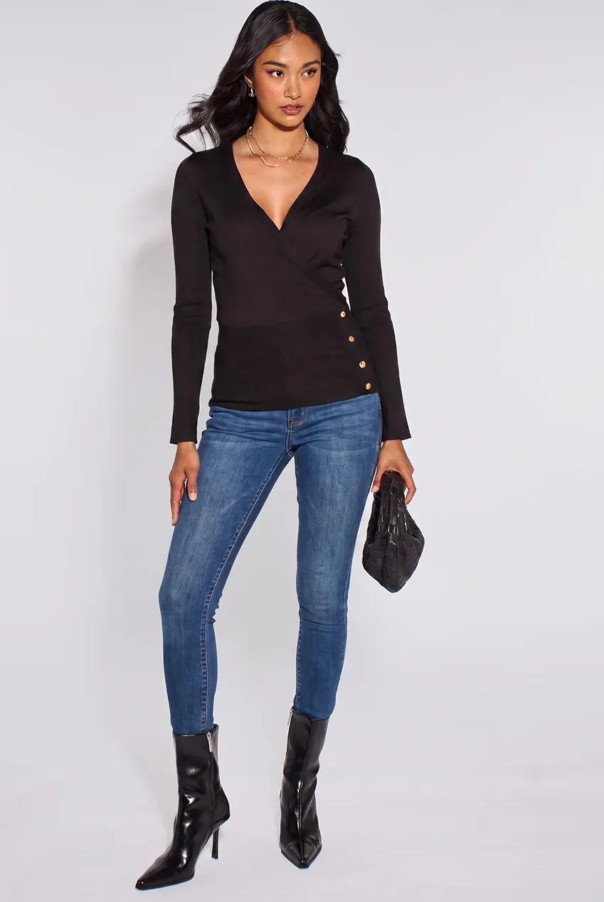 Gini London Wrap Front Gold Button Top Nero Maniche Lunghe