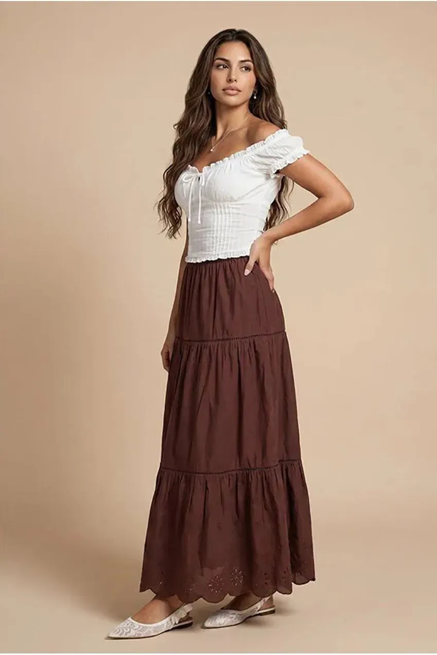 Urban Bliss Broderie Trim gonna maxi cioccolato leggera traforata