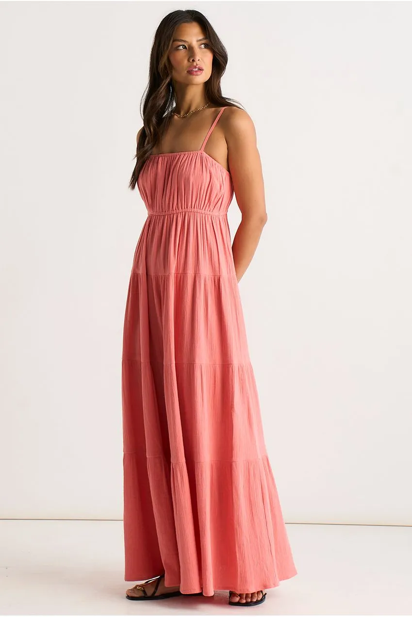 Goddiva Gini London abito maxi corallo garza balze