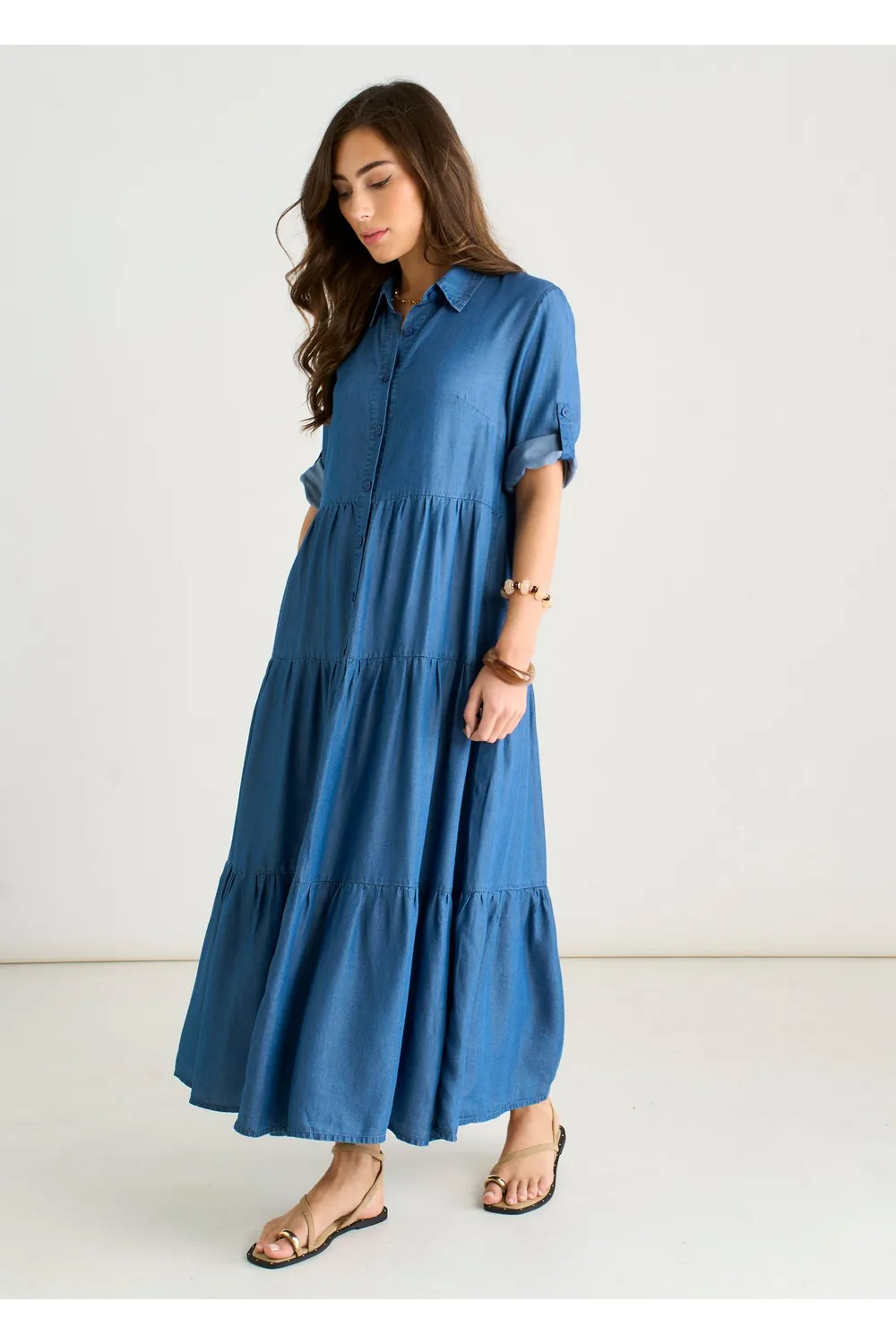 Gini London camicia abito midaxi blu chambray bottoni