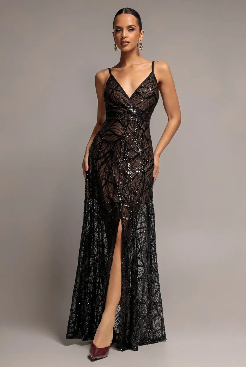 Goddiva paillettes iridescenti abito maxi nero spacco