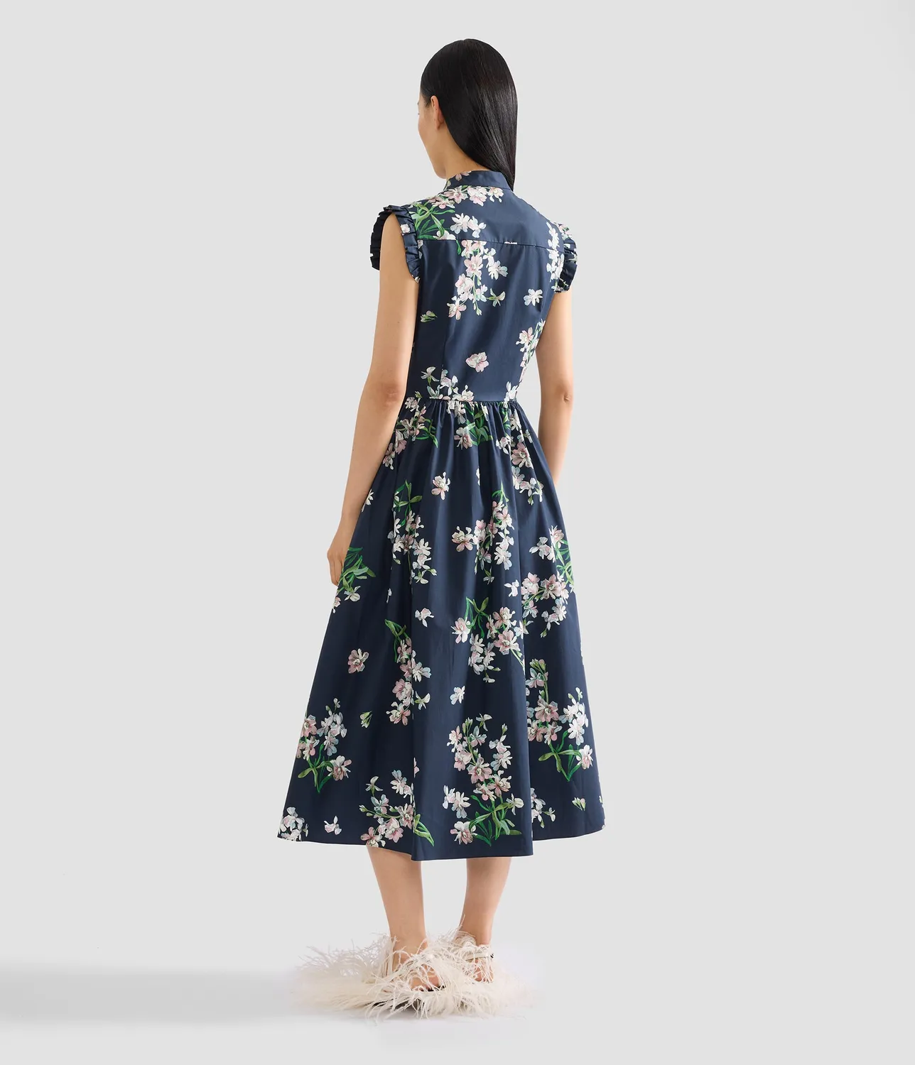 Erdem Floral Cotton Midi Dress abito blu stampa orchidea