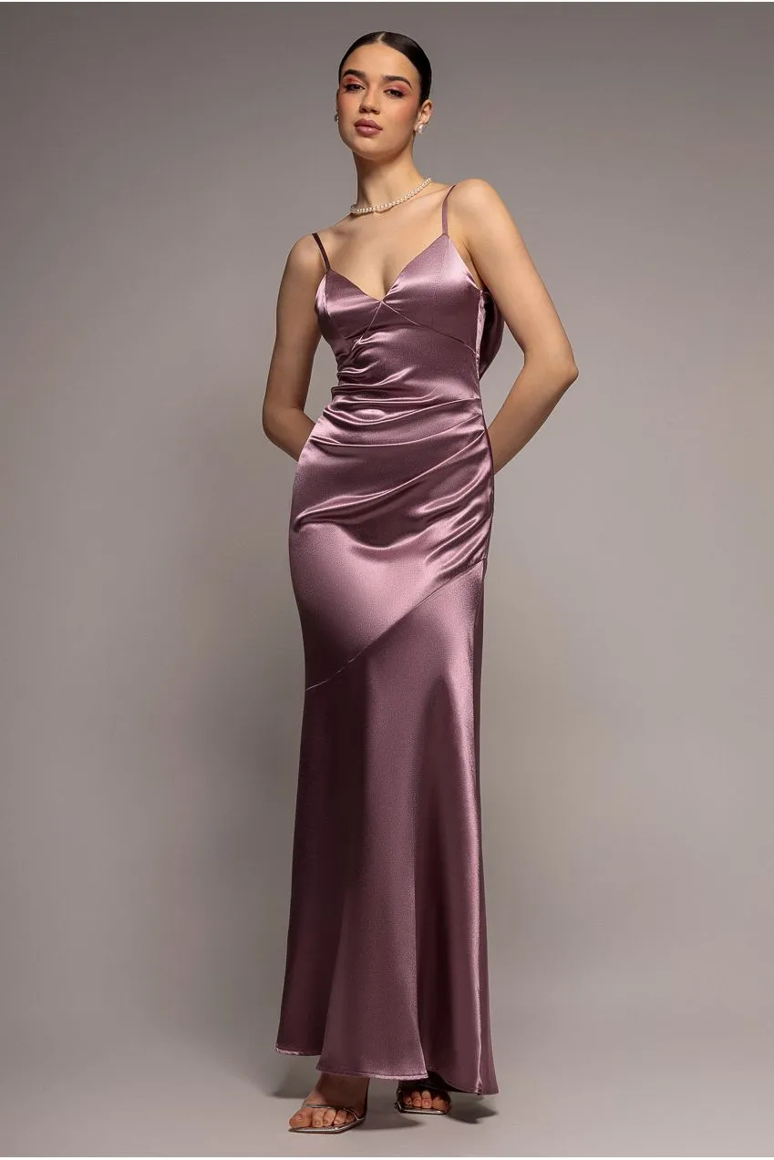 Goddiva Cowl Back abito maxi rosa in raso