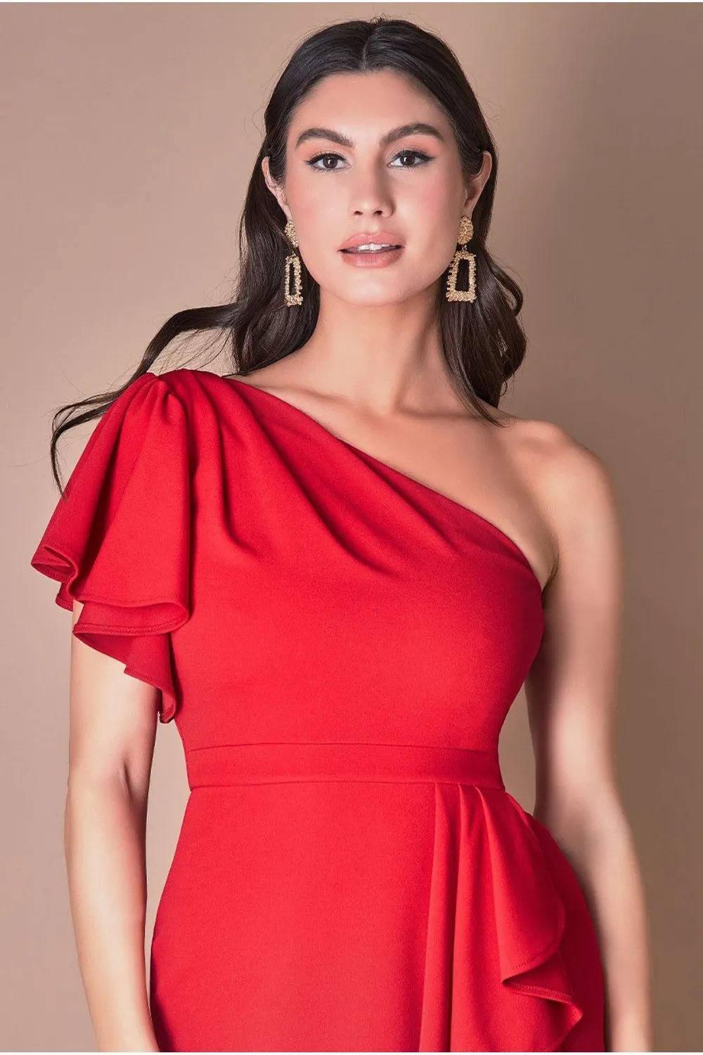 Goddiva Waterfall abito midi rosso monospalla DR3990