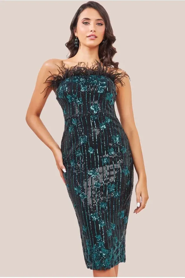 Goddiva abito midi verde paillettes piume taglia 12