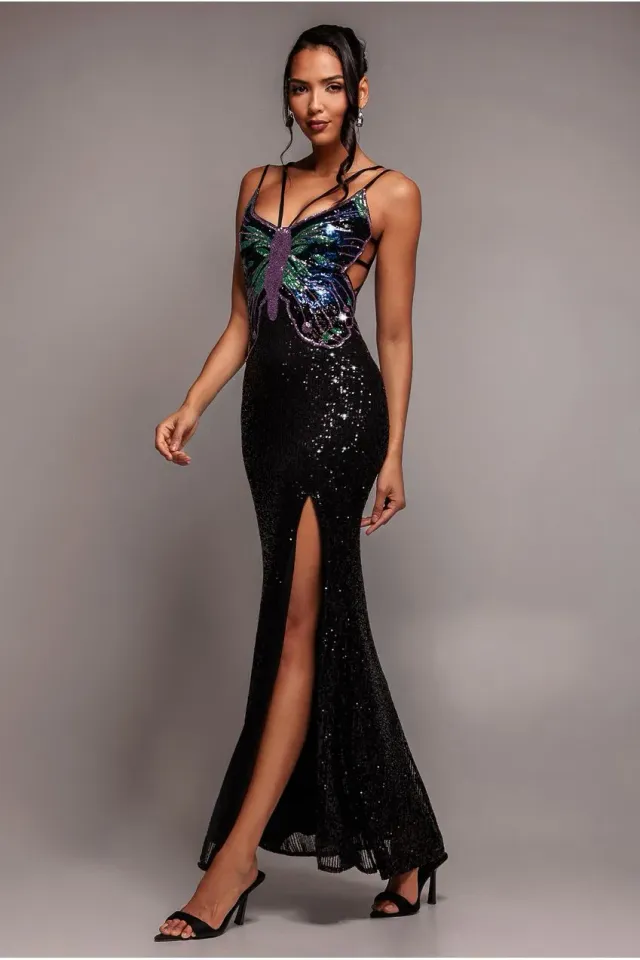Goddiva Sequin Butterfly Front Split abito maxi nero paillettes