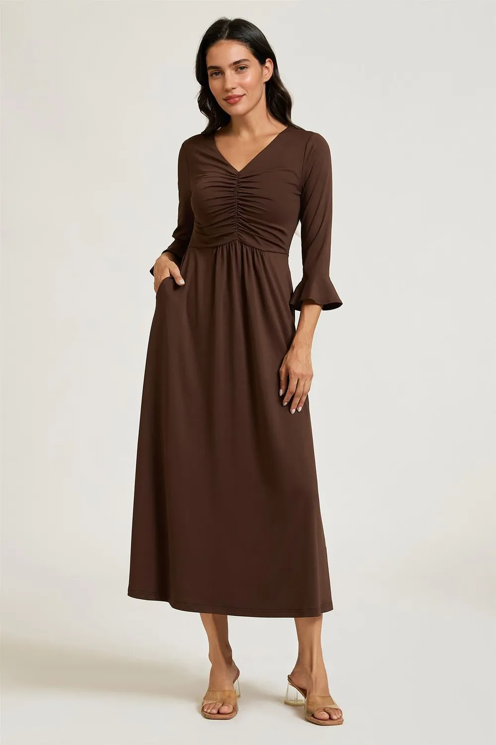 FS Collection Ruched Abito Midi Marrone Jersey Elasticizzato