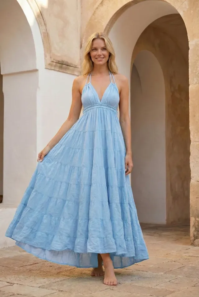 Antica Sartoria Positano FC324 abito lungo cotone turchese