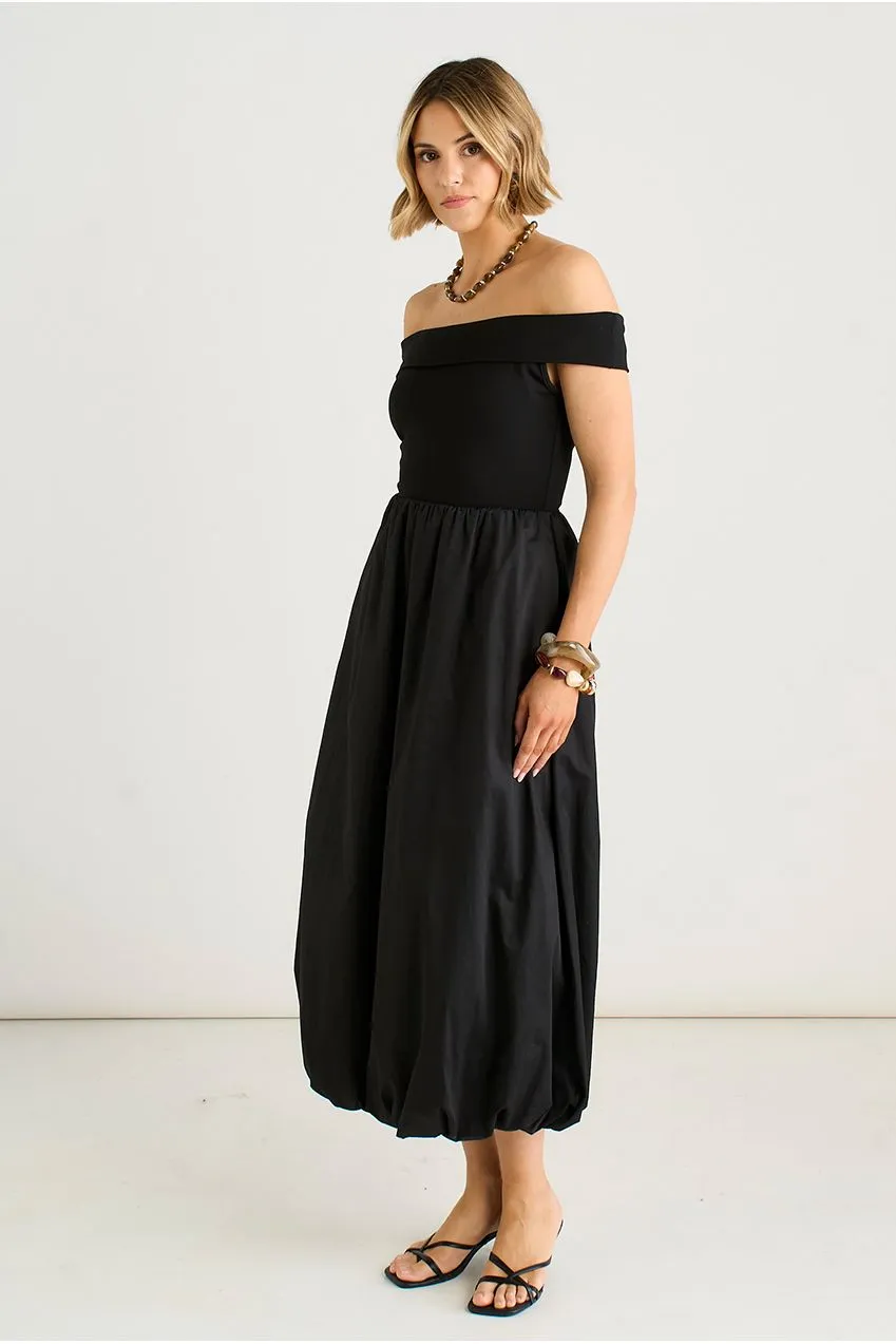 Gini London Black Bardot Jersey Mix abito midi nero