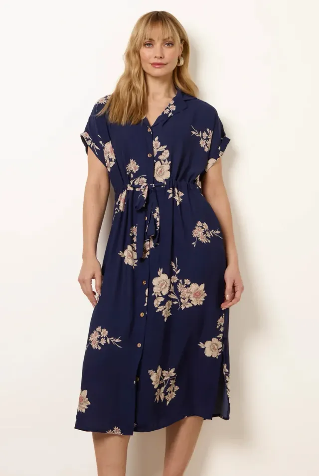 Blue Vanilla Drawstring abito camicia midi blu fiori