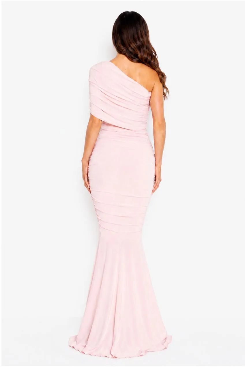 Honor Gold Alice abito maxi monospalla rosa blush aderente
