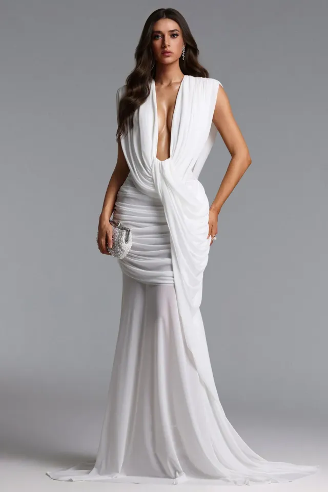 Bella Barnett Glenda Chic Contour Abito Maxi Bianco Maglia