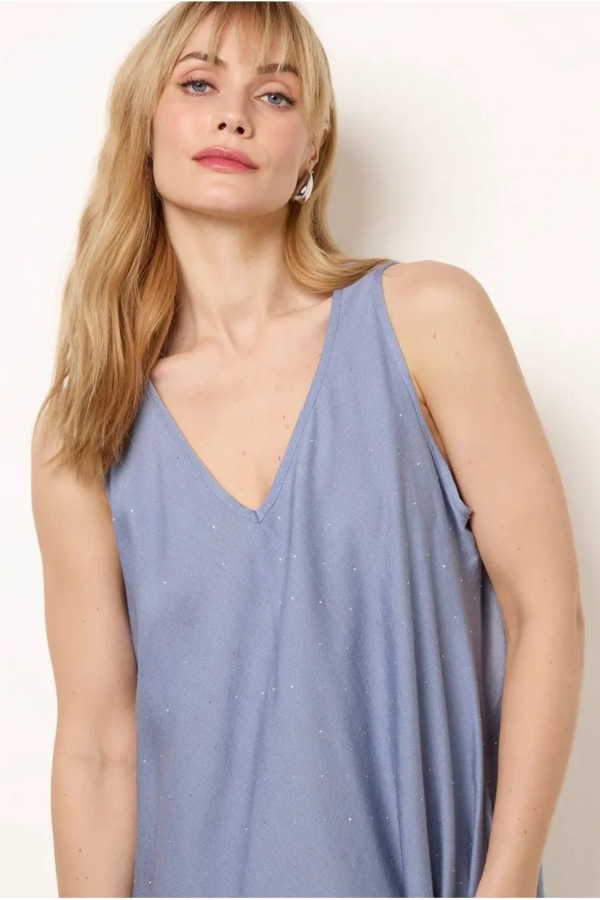 Blue Vanilla Diamante abito blu S/M denim scollo V strass