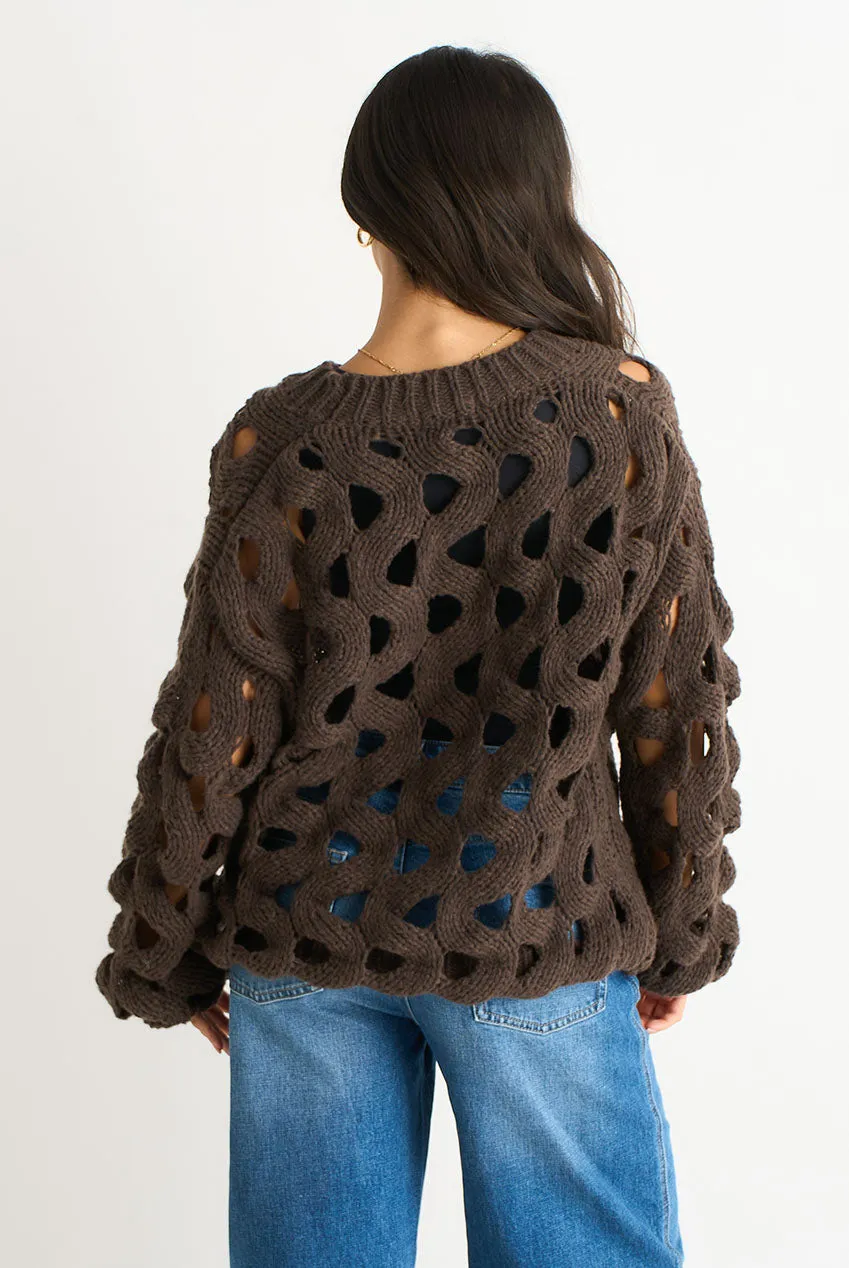 Gini London Hollow Chunky Knit cardigan cioccolato traforato