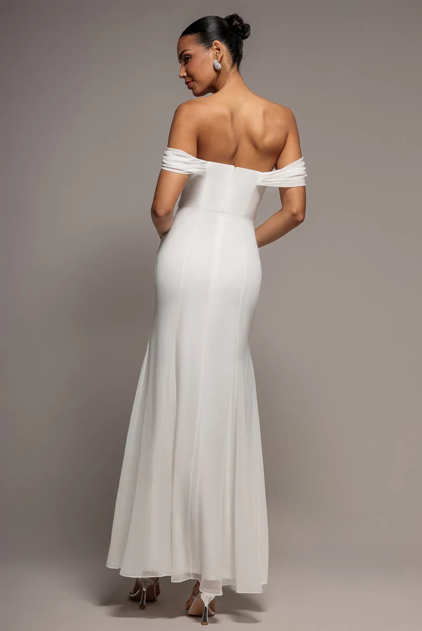 Goddiva Chiffon Bardot Cowl Neck abito maxi bianco scollo