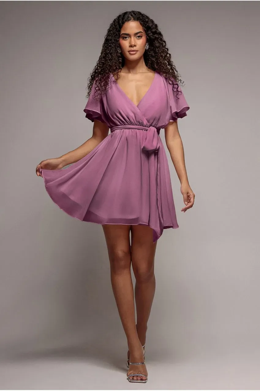 Goddiva abito mini wrap lavanda maniche volant elastico