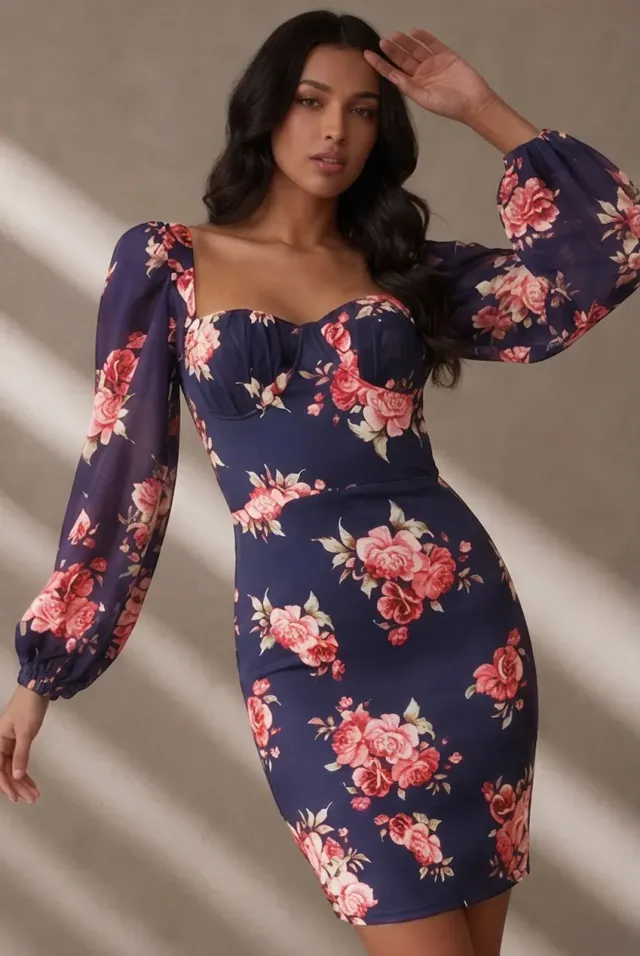 Chi Chi London Balloon Sleeve abito bodycon blu navy mini