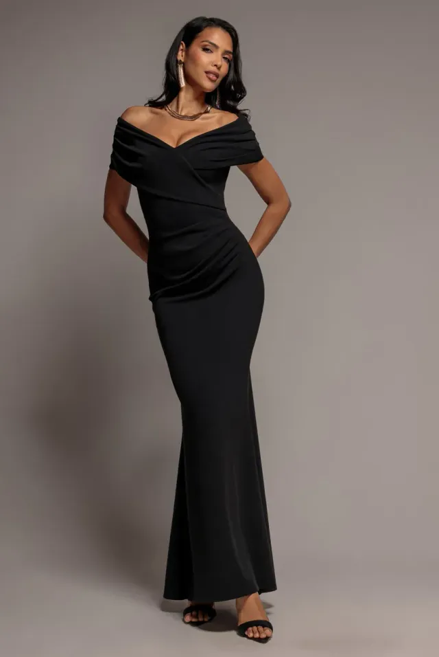 Goddiva Bardot abito sirena plissettato nero maxi