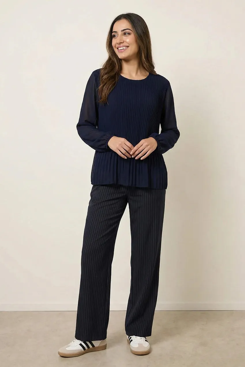Blue Vanilla top plissettato navy manica lunga girocollo S/M