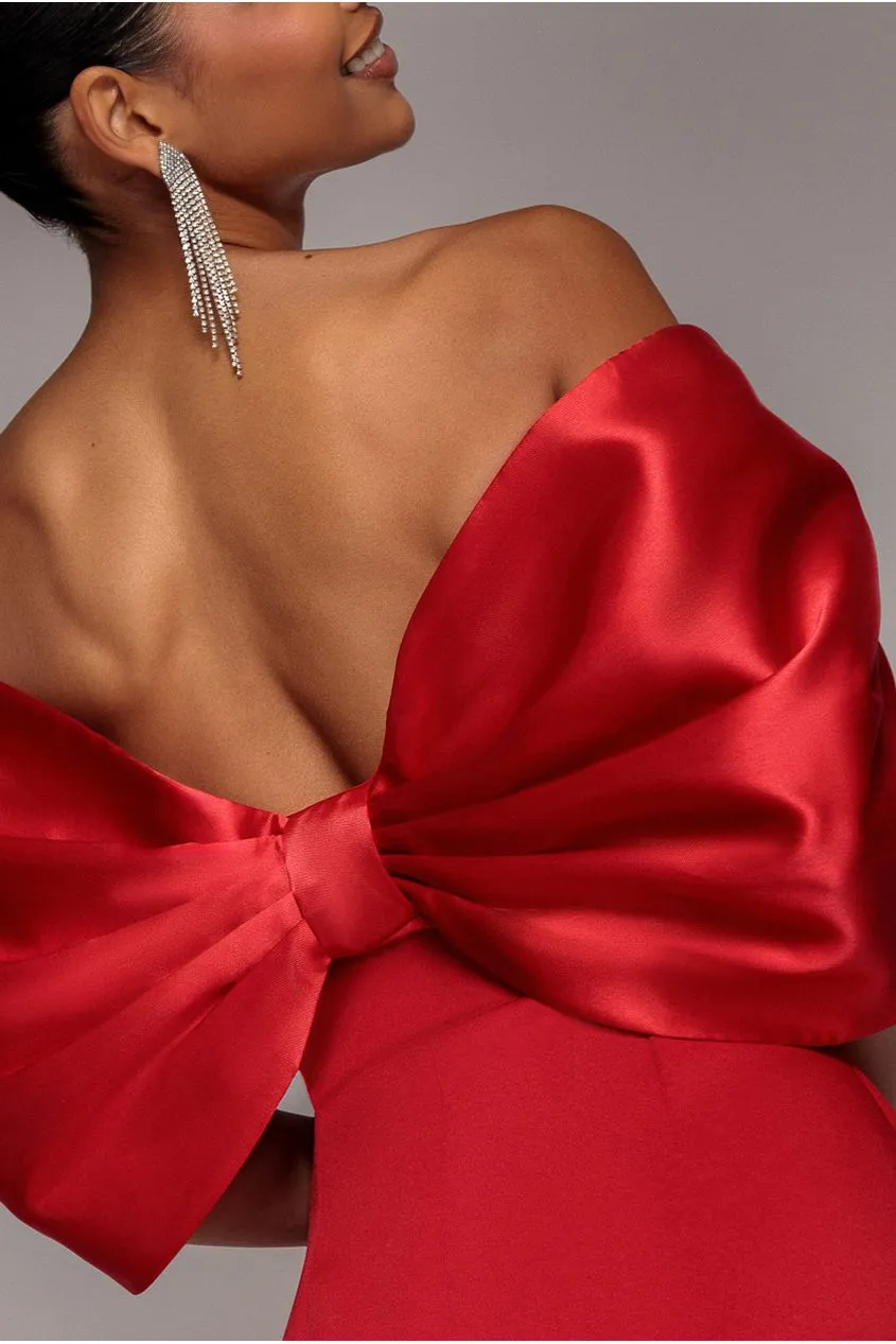 Goddiva Bow Abito Mini Rosso Scuba Fiocco Schiena Scoperta