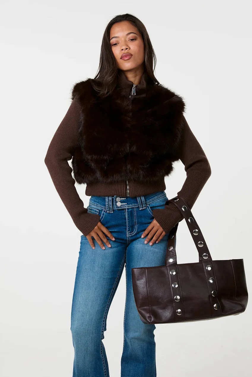 Pink Vanilla Faux Fur Panel Giacca Zip Cioccolato