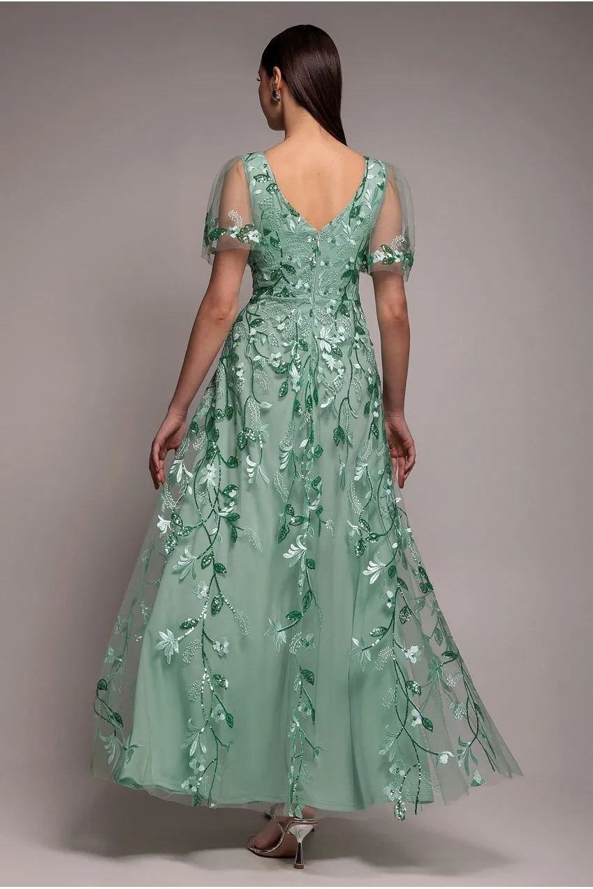 Goddiva Flared Sleeve abito maxi verde salvia ricamato