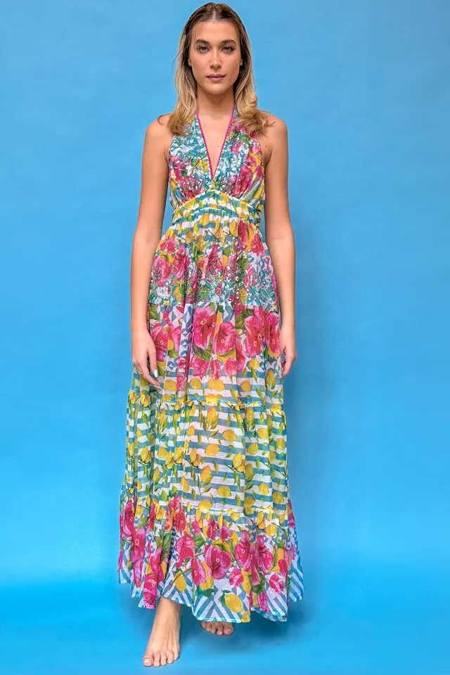Antica Sartoria DV100 abito lungo turchese chiffon