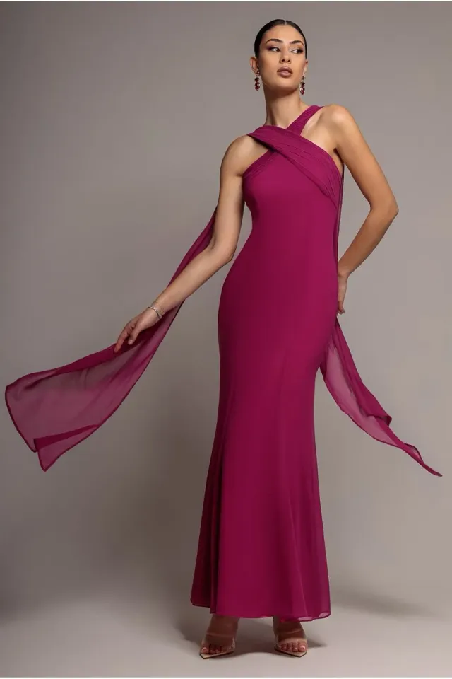Goddiva Cross Front abito maxi magenta chiffon