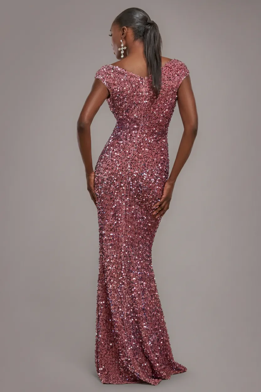 Goddiva Bardot abito maxi rosa velluto paillettes sirena
