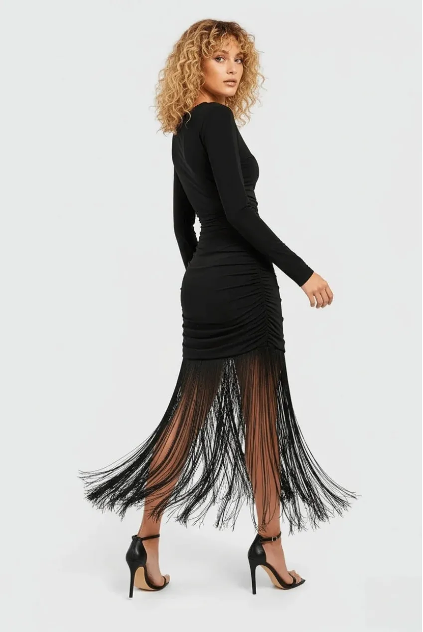 Avinci Abito Midi Bodycon Nero Frange Jersey 8