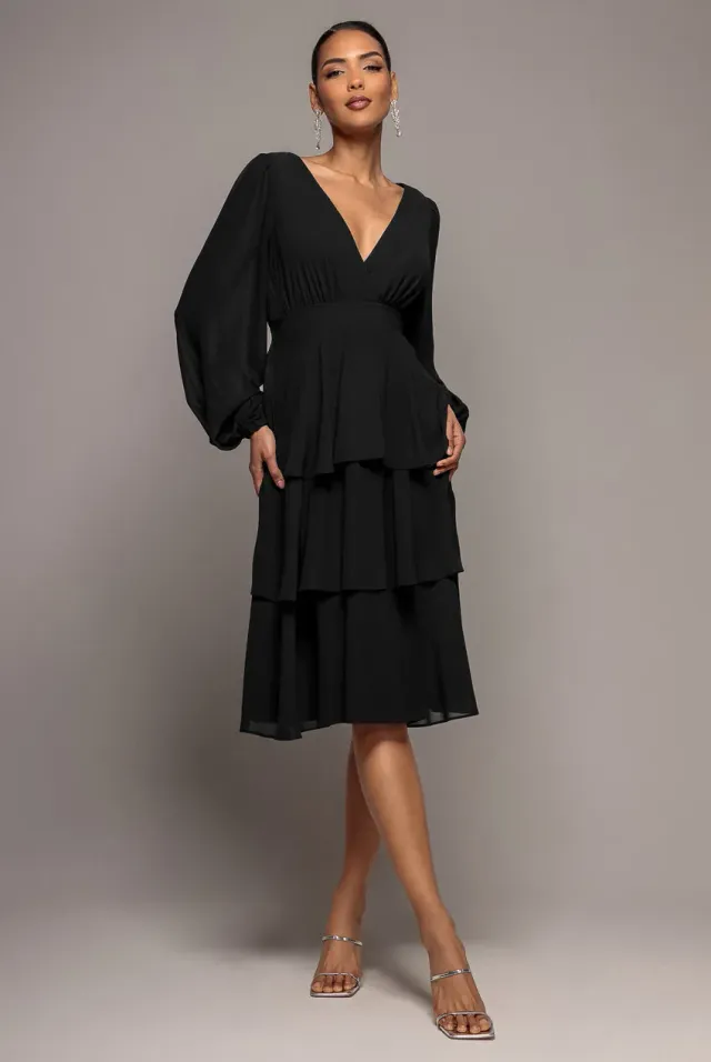 Goddiva Tiered Chiffon abito midi nero incrocio
