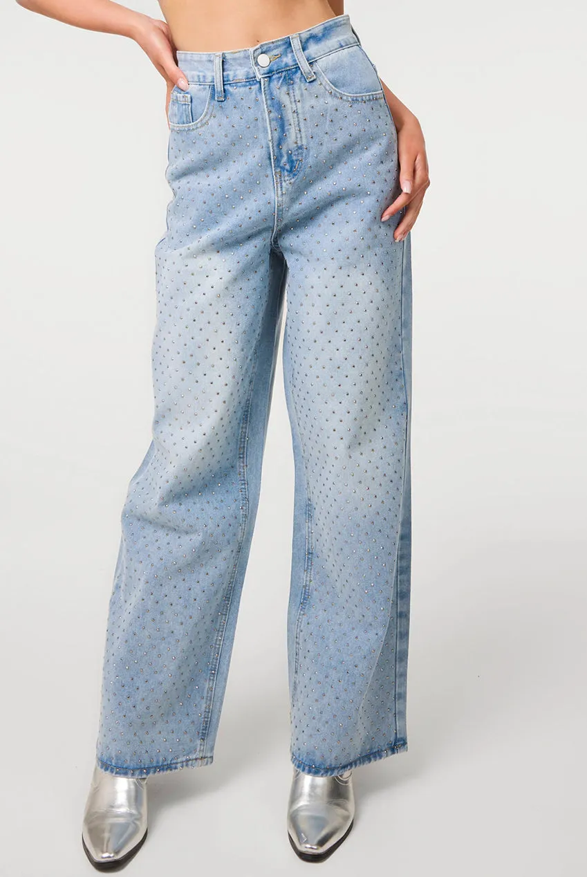 Goddiva Pink Vanilla Stud Wide Leg jeans denim borchie