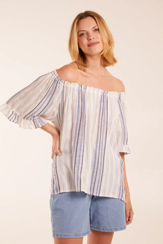Blue Vanilla Metallic Strip Top Bardot Blu a Righe Elasticizzato