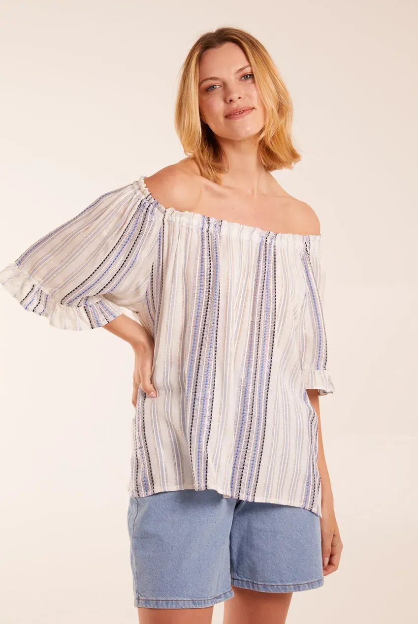 Blue Vanilla Metallic Strip Top Bardot Blu a Righe Elasticizzato