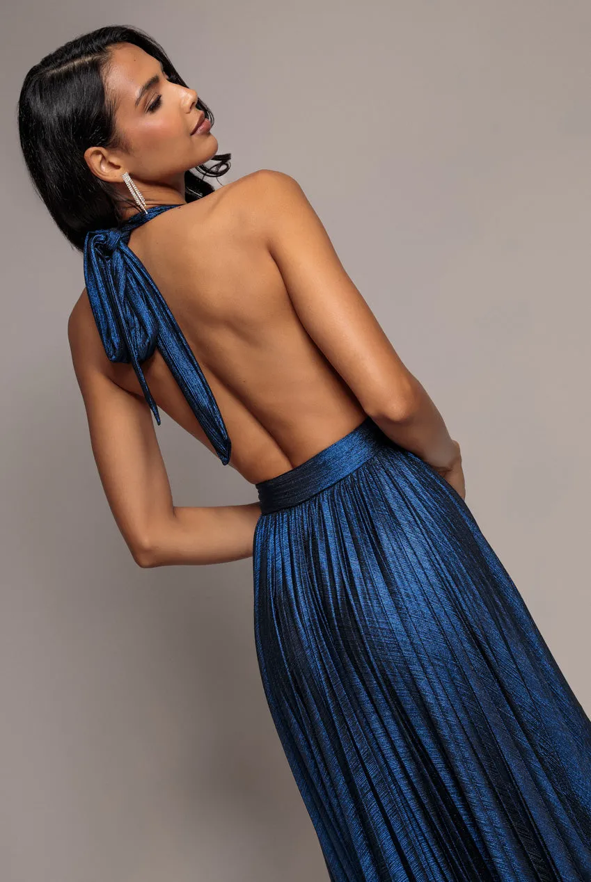 Goddiva Open Back Sunrise Foil Halterneck A Line abito maxi blu navy