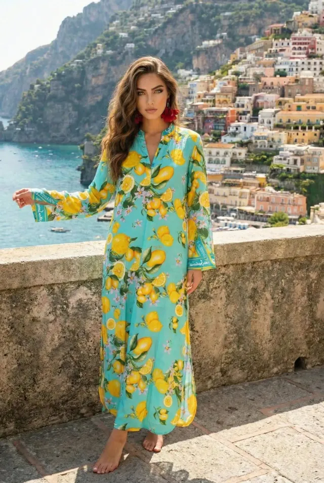 Antica Sartoria FC284 Kaftano Lungo Turchese in Polysatin