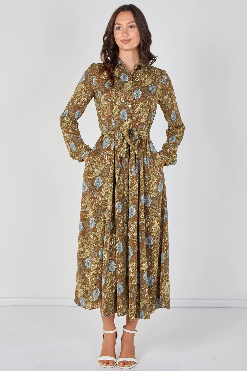 Love Sunshine Paisley Meadow camicia maxi kaki cintura fantasia