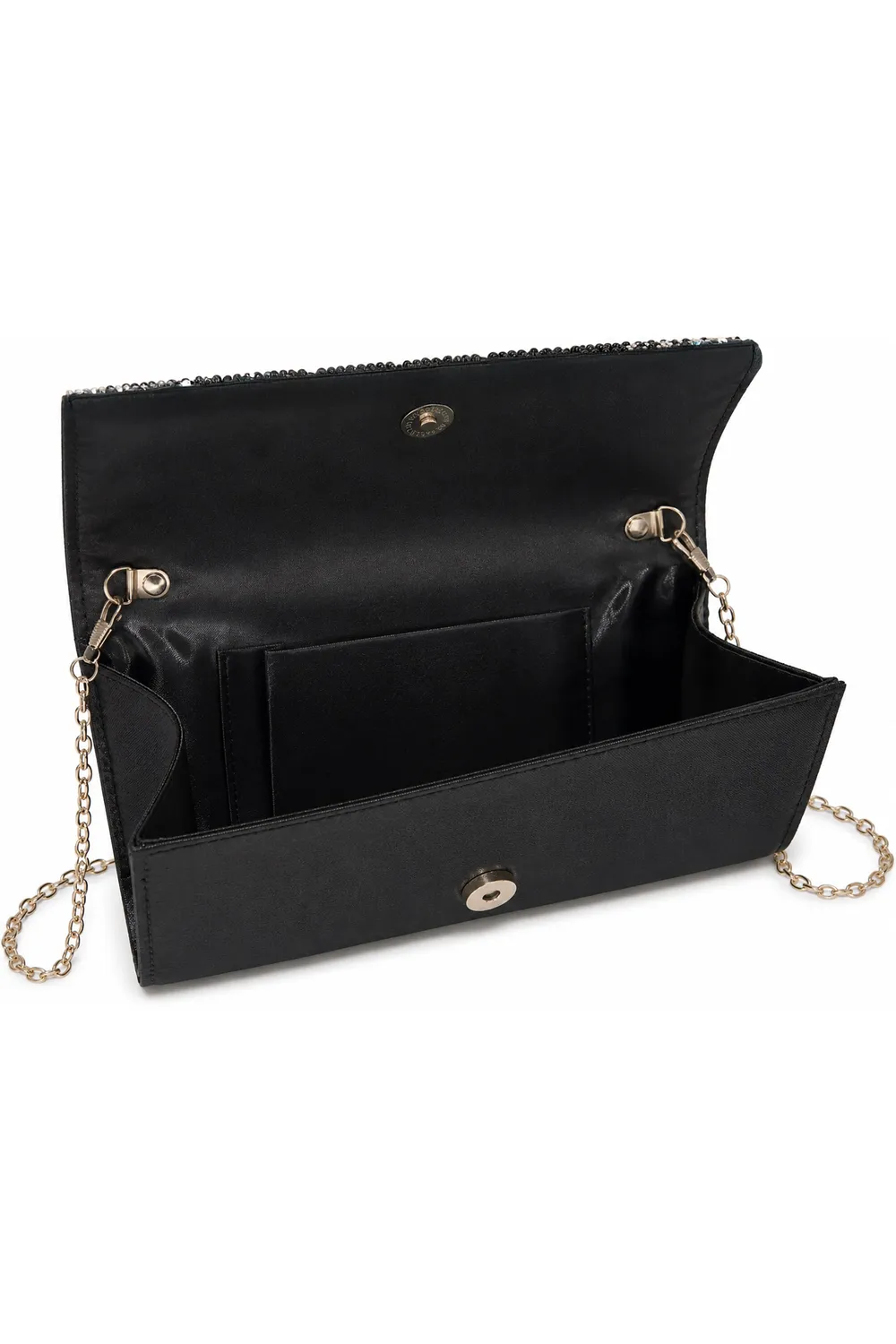 Double Second pochette strass clutch nera con catena luminosa