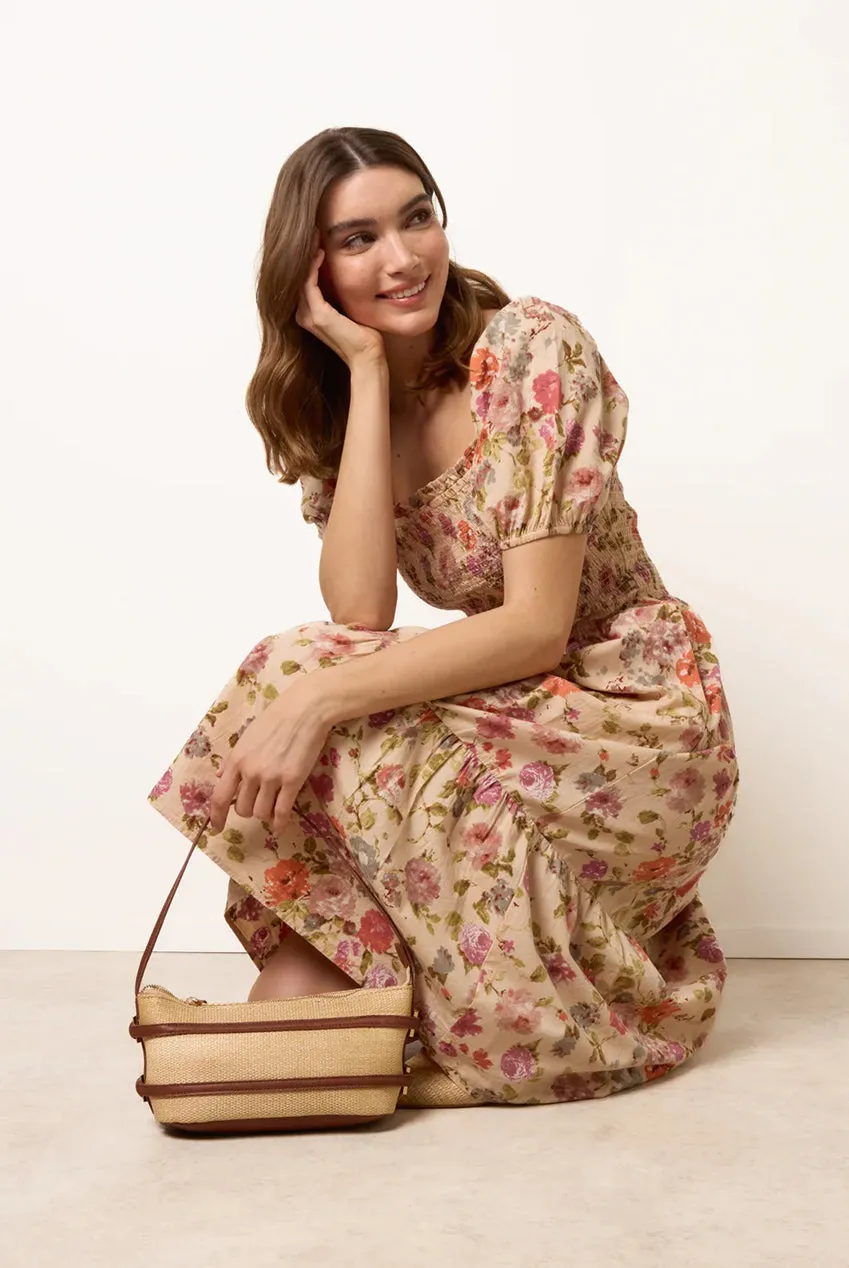 Blue Vanilla Milkmaid Floral Puff Sleeve abito midi multi cotone