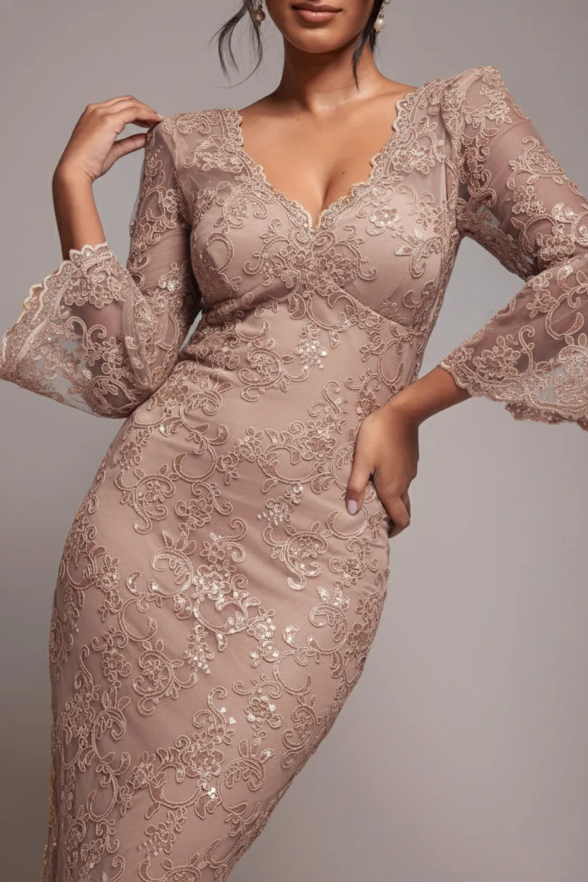 Goddiva Sequin Scallop Lace abito champagne midi