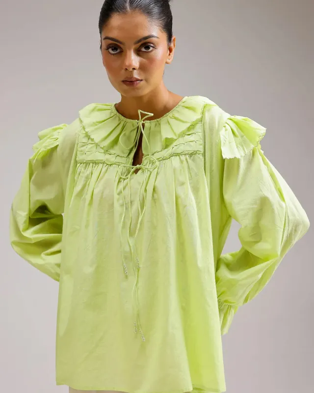 Our Dve Saanjh Ivy Top verde flora collo volant cotone