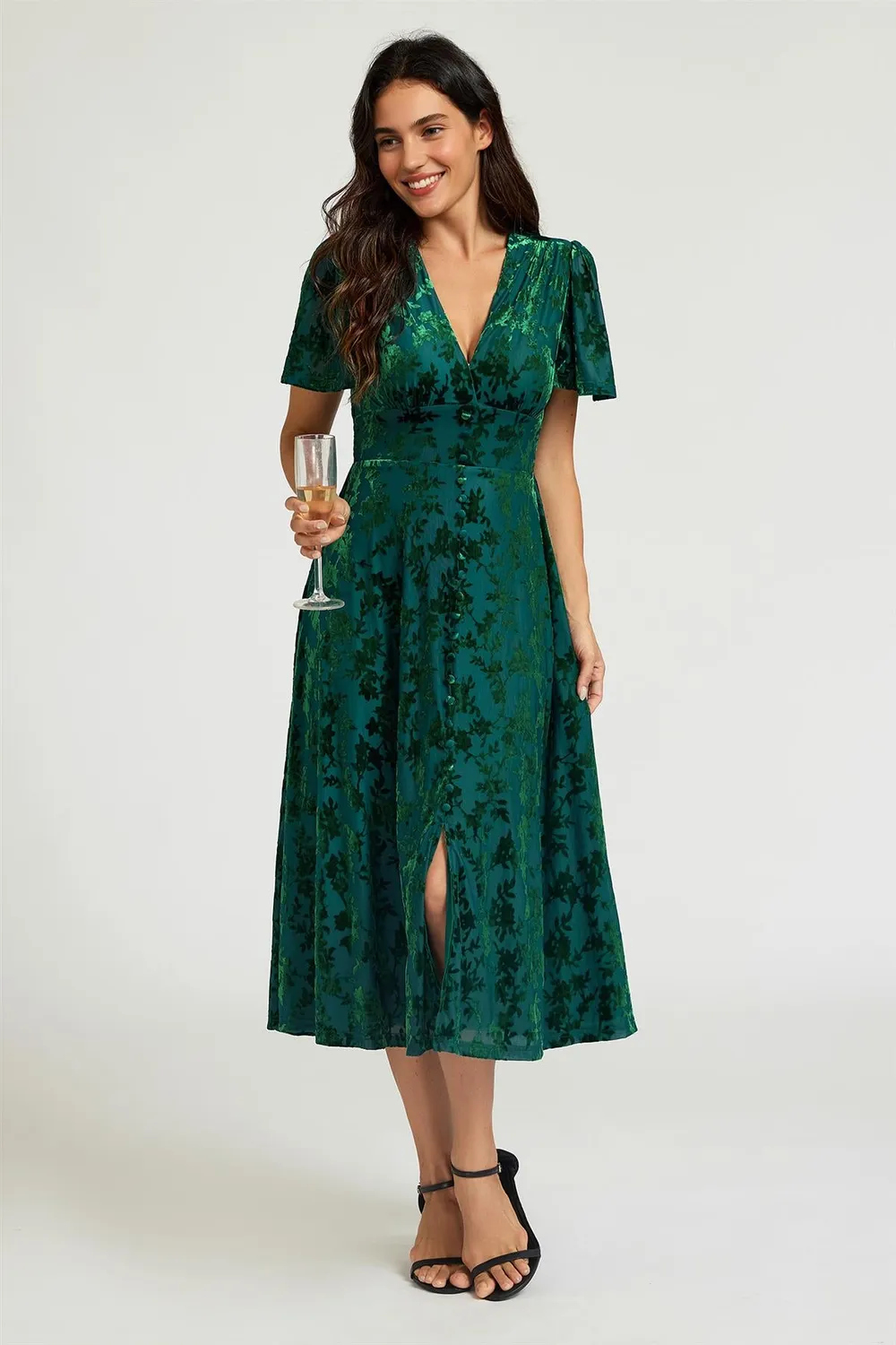 FS Collection abito midi velluto floreale verde scollo V