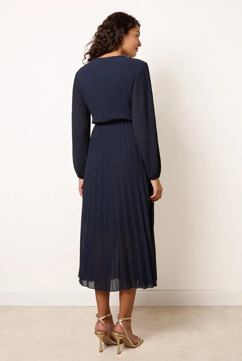 Goddiva Blue Vanilla abito chiffon plissettato blu navy midi