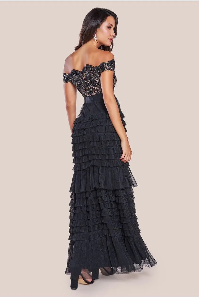 Goddiva Scallop Bardot abito lungo nero paillettes
